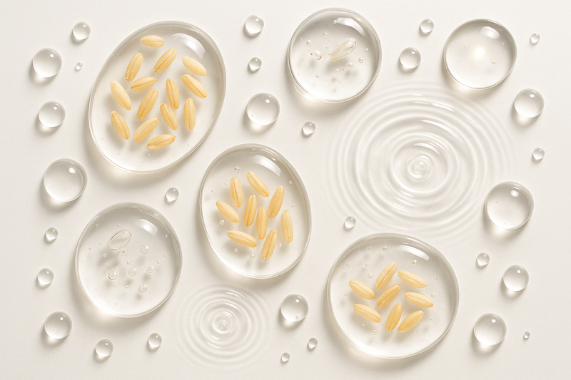 A flat-lay or animation of ingredients floating in clear serum droplets (rice grains, water ripples, glowing molecules), or a looping clip of the dropper releasing serum into clear water.
