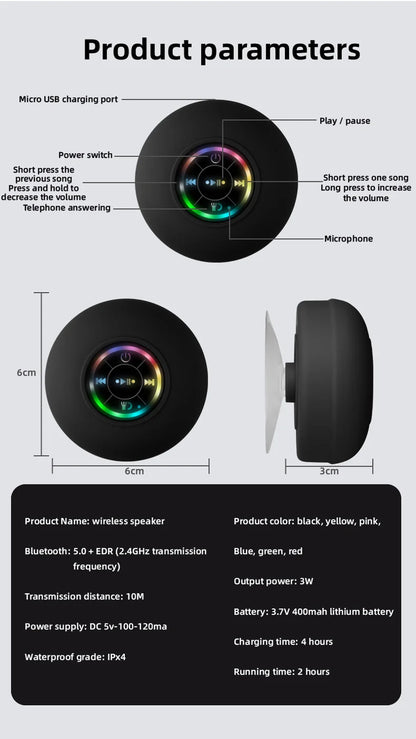 Premium and Durable Waterproof Bluetooth Shower Speaker with LED Lights & Suction Cup – 360° Sound & Hands-Free Calling