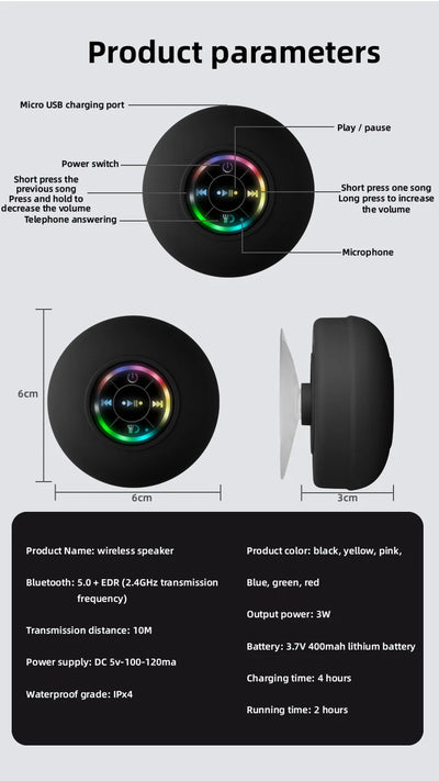 Premium and Durable Waterproof Bluetooth Shower Speaker with LED Lights & Suction Cup – 360° Sound & Hands-Free Calling
