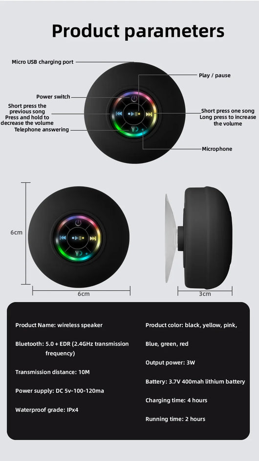 Premium and Durable Waterproof Bluetooth Shower Speaker with LED Lights & Suction Cup – 360° Sound & Hands-Free Calling